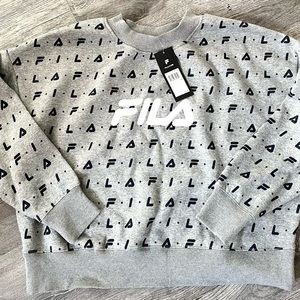 NWT womans oversizedFILA CREW NECK SWEATSHIRT all Over Print Crop Grey Pullover